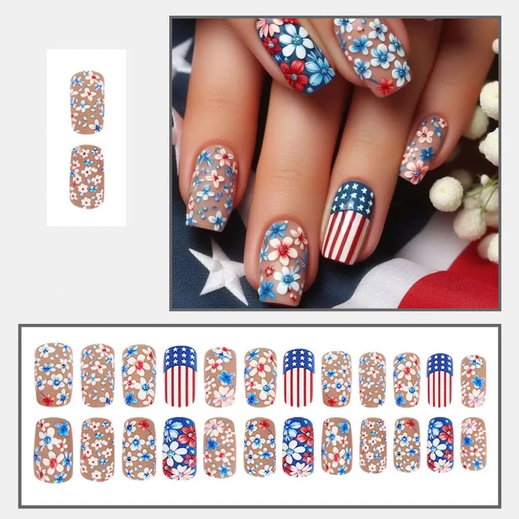 4th of July Press on Nails Medium - Square Fake Nails with Flower Design - American Flag, Independence Day False Nails - for Women 24 Pcs