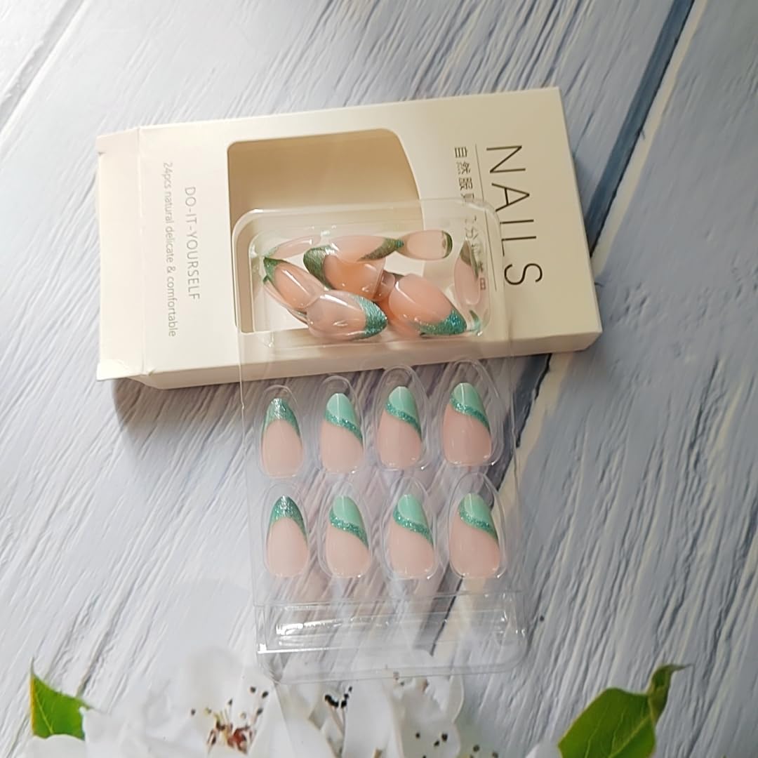 30Pcs Blue French Press on Nails Medium Almond WLGDLH Fake Nails Nude False Nail Tip Kit with Glitter Lines Designs Sparkly Glossy Glue on Nails Full Cover Acrylic Cute Stick on Nail for Women
