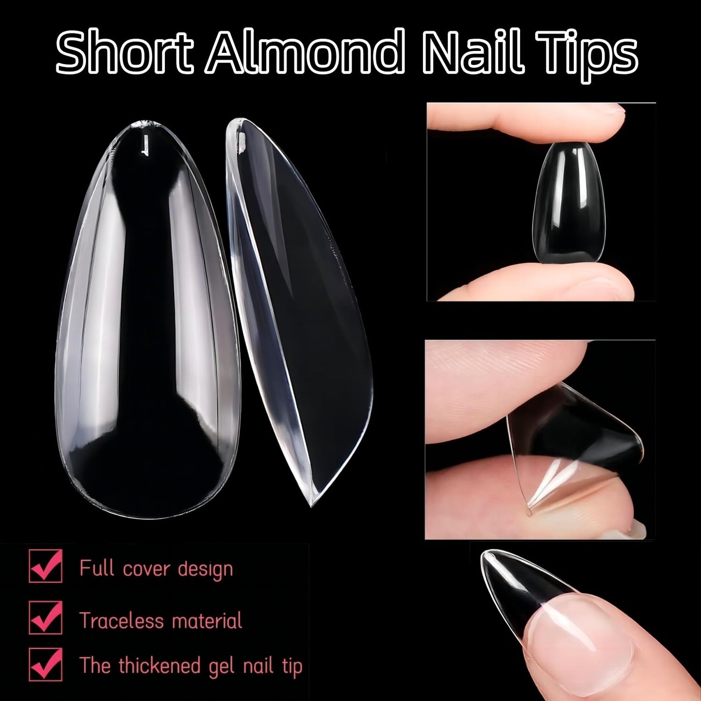 1000Pcs Short Full Cover Almond & Square Nail Tips Gel x Clear Set,10 Size Clear Press On False Nail Tips for Manicure Art Home DIY Salon