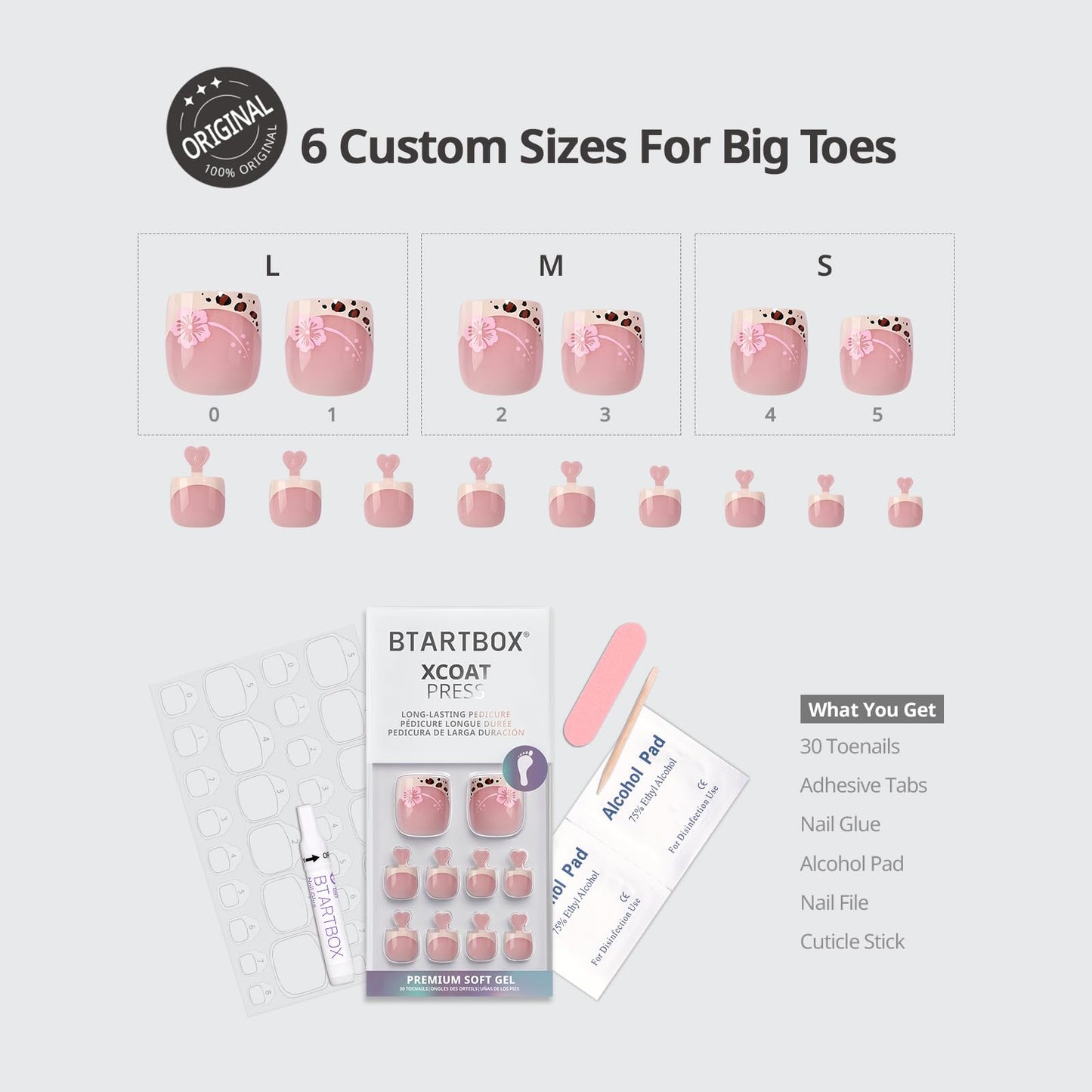 BTArtbox Press On Toenails Short - Wild Bloomery, Lamp-Curable 4-Week Wear Pink French Tip Square Toe Nail Press Ons with Glue and Adhesive Tabs, Easy-to-Apply in 15 Sizes - 30 Toenails All-in-One Kit