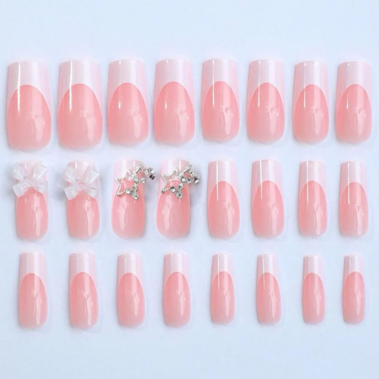 Medium Square Shaped Press on Nails White French Tip Fake Nails 3D Bow Star Design Nude Color French Nail Tips Almond Shape Press ons Cute Bow Stick on Nails for Women Daily Wear 24Pcs