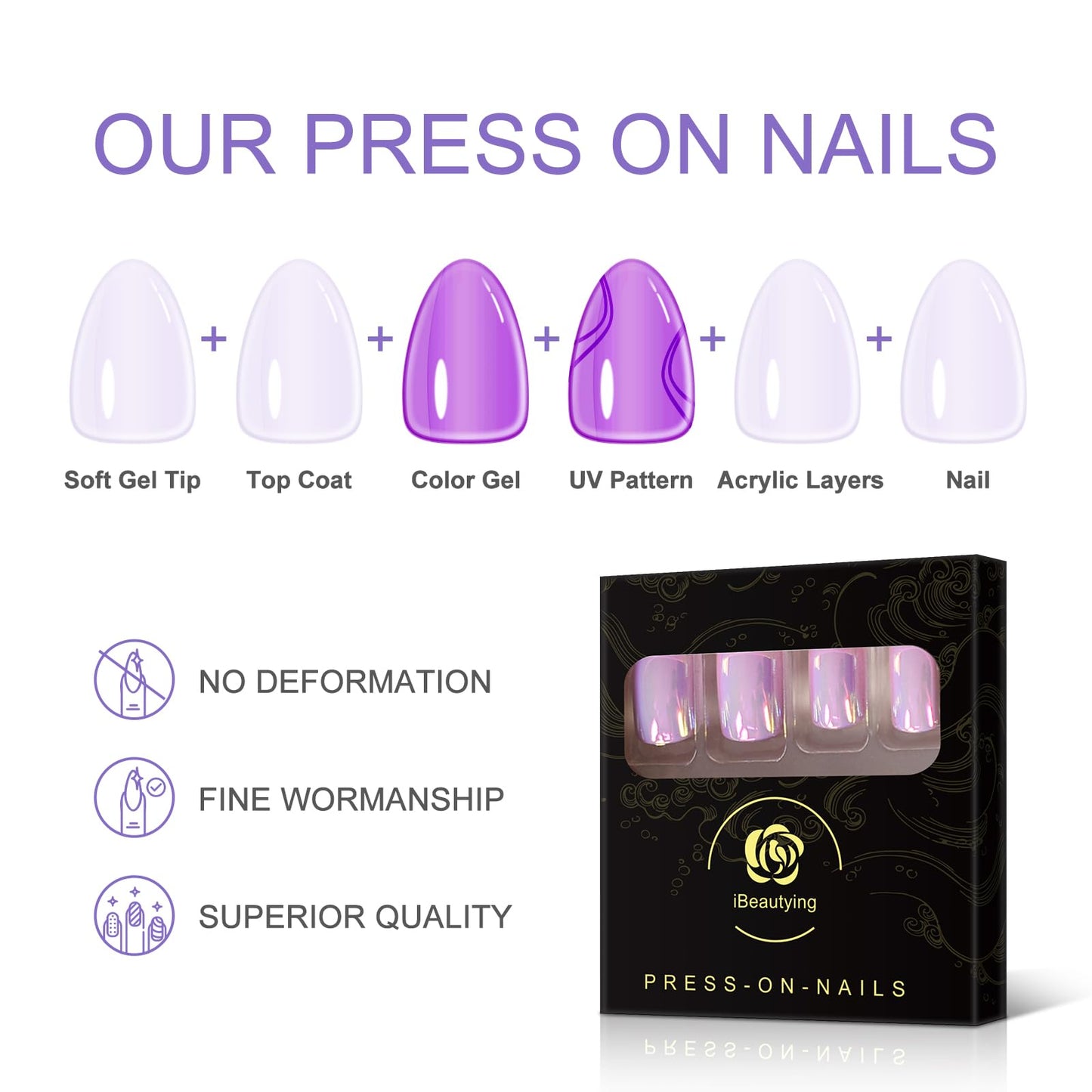 iBeautying Press on Nails - Metallic Mirror Purple Pink False Nails | Punk Metal Chrome Finish Short Reusable Fake Nails 24pcs Kit with Jelly Glue Pad