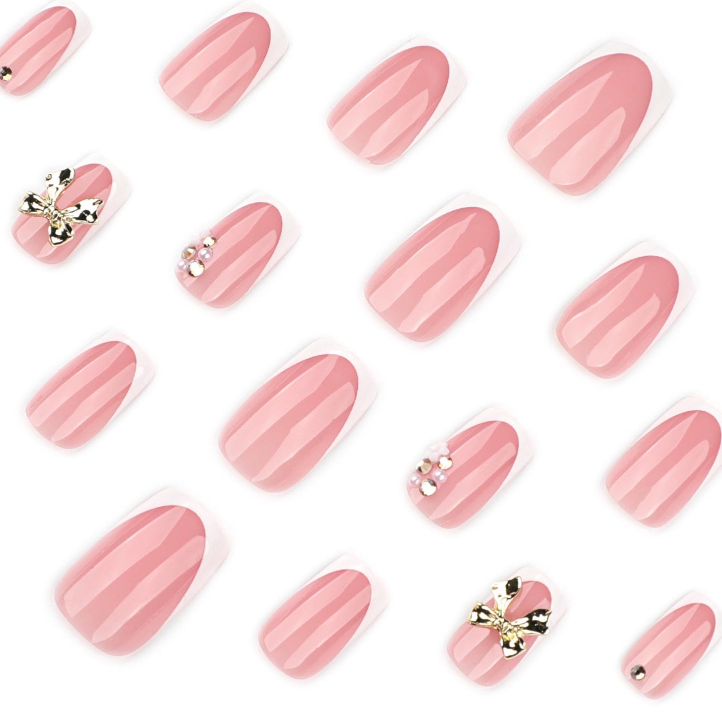 CTTHNBD Short Press on Nails Square - White Fake Nails with Bow Design - Rhinestone, Shiny Full Cover Stick on False Nails for Women 24 Pcs