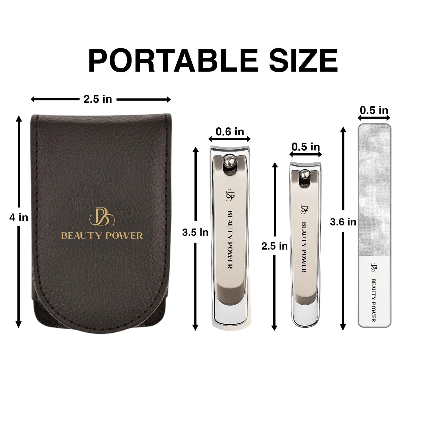 Beauty Power Nail Clippers Set 3 in 1 - Stainless Steel Toe Nail Clippers, Fingernail Clipper, Glass Nail File, Anti Splash, Ergonomic Grip in Black PU Leather Travel Case for Men & Women - Gift Idea