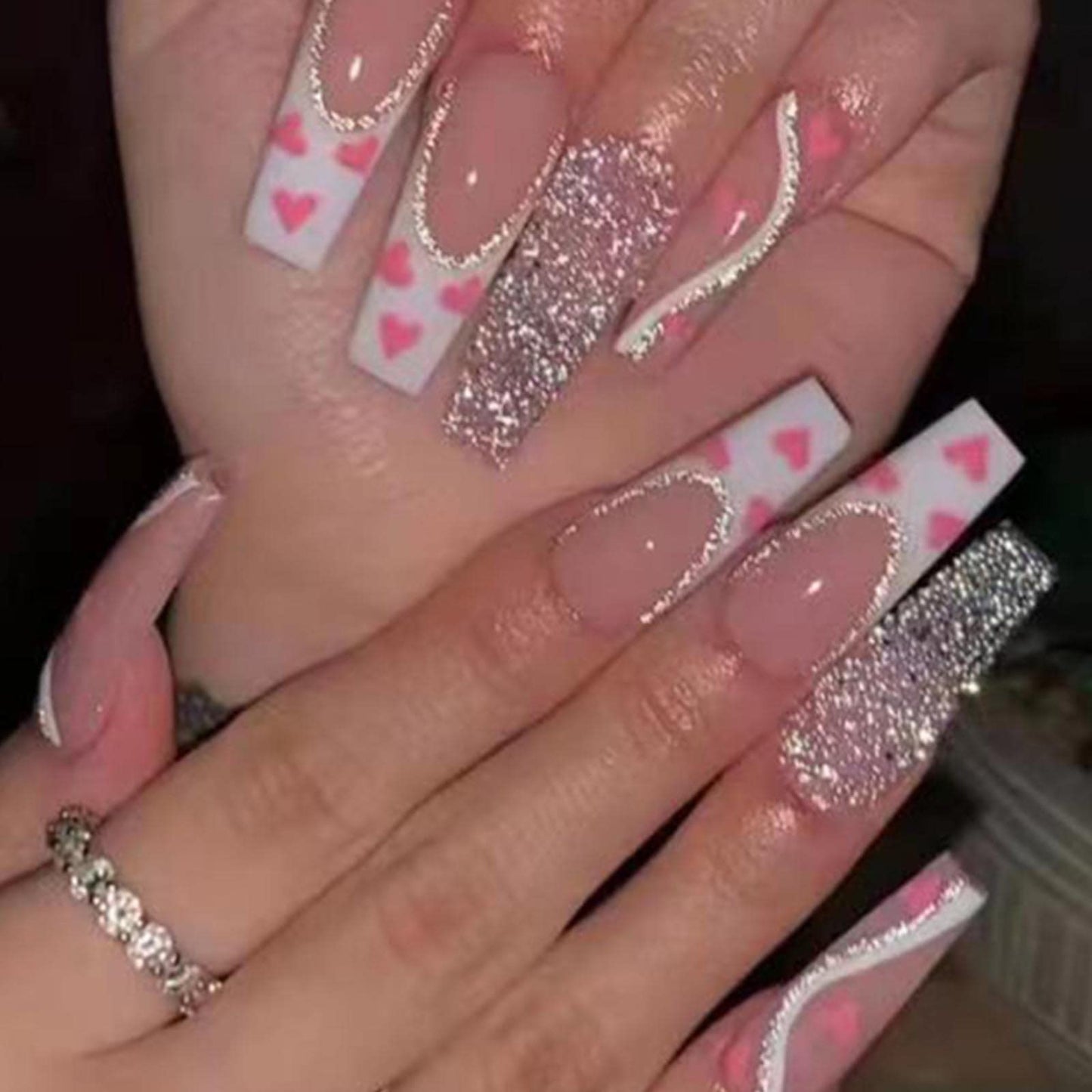 DANMANR Long Press on Nails Square French Fake Nails Full Cover Nude Acrylic False Nails for Women and Girls 24PCS (Pink Shiny Coffin)