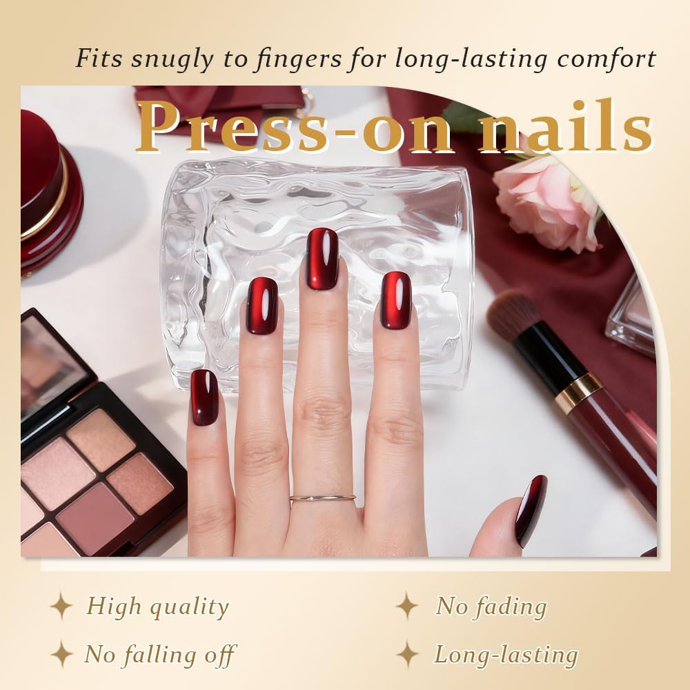 XZMeiLun Deep Red Press On Nails - Cat Eye Medium Square Magnetic Acrylic Fake Nails, Stylish Design, Salon-Quality Shiny Finish, Reusable Stick On Nails Kit for Women, Daily Wear (No Glue Included)