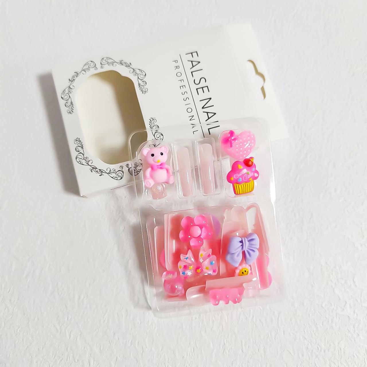 24Pcs Long Press on Nails Square Fake Nails with Charms Nude Pink Acrylic Nails Cute Heart Bear Charm Designs Glue on Nails Reusable Artificial Full Cover Stick on Nails for Women and Girls