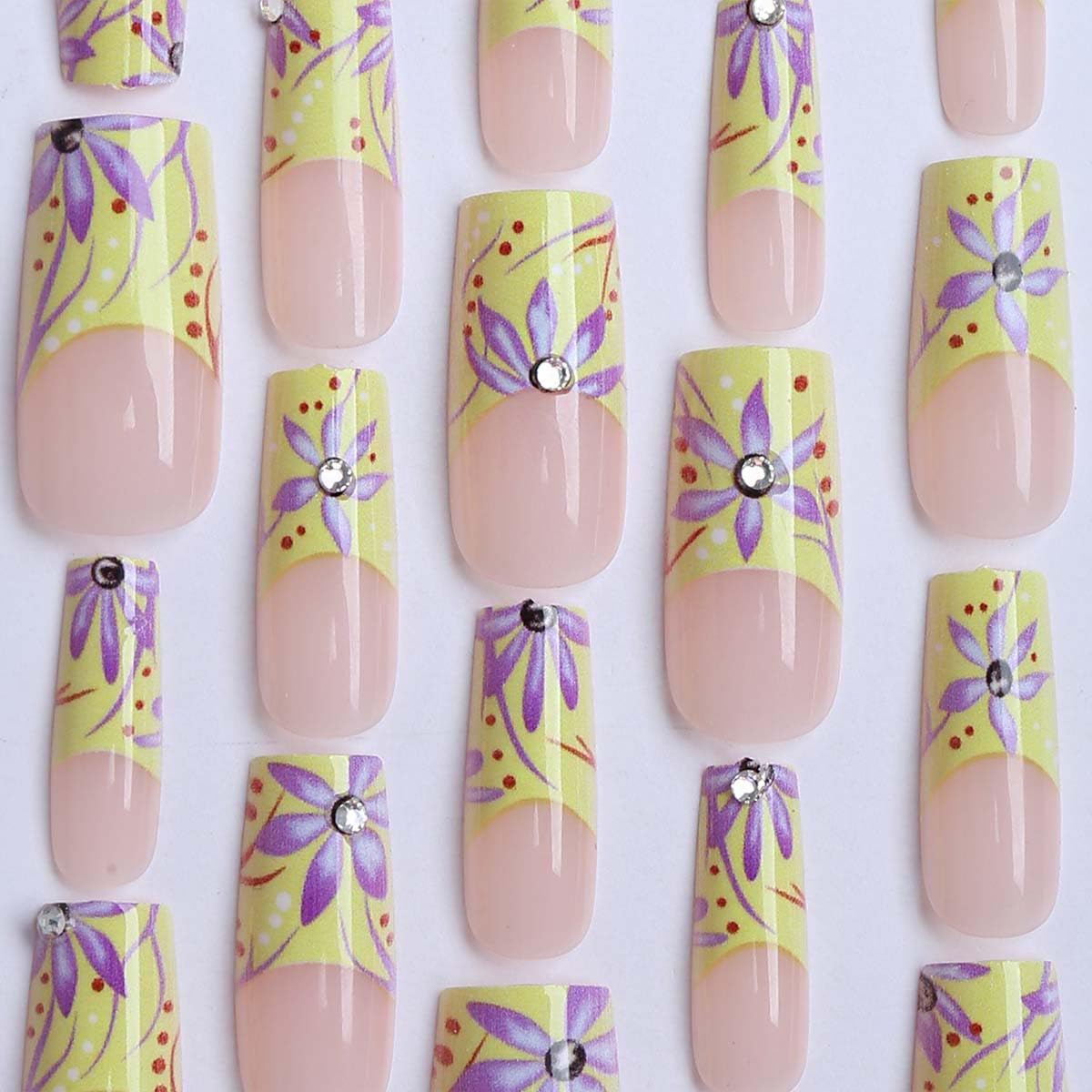 plalely Square Press on Nails Medium Yellow Fake Nail Purple Flowers Acrylic Nail Press ons Sparkly Rhinestones Stick on Nail for Women 24pcs