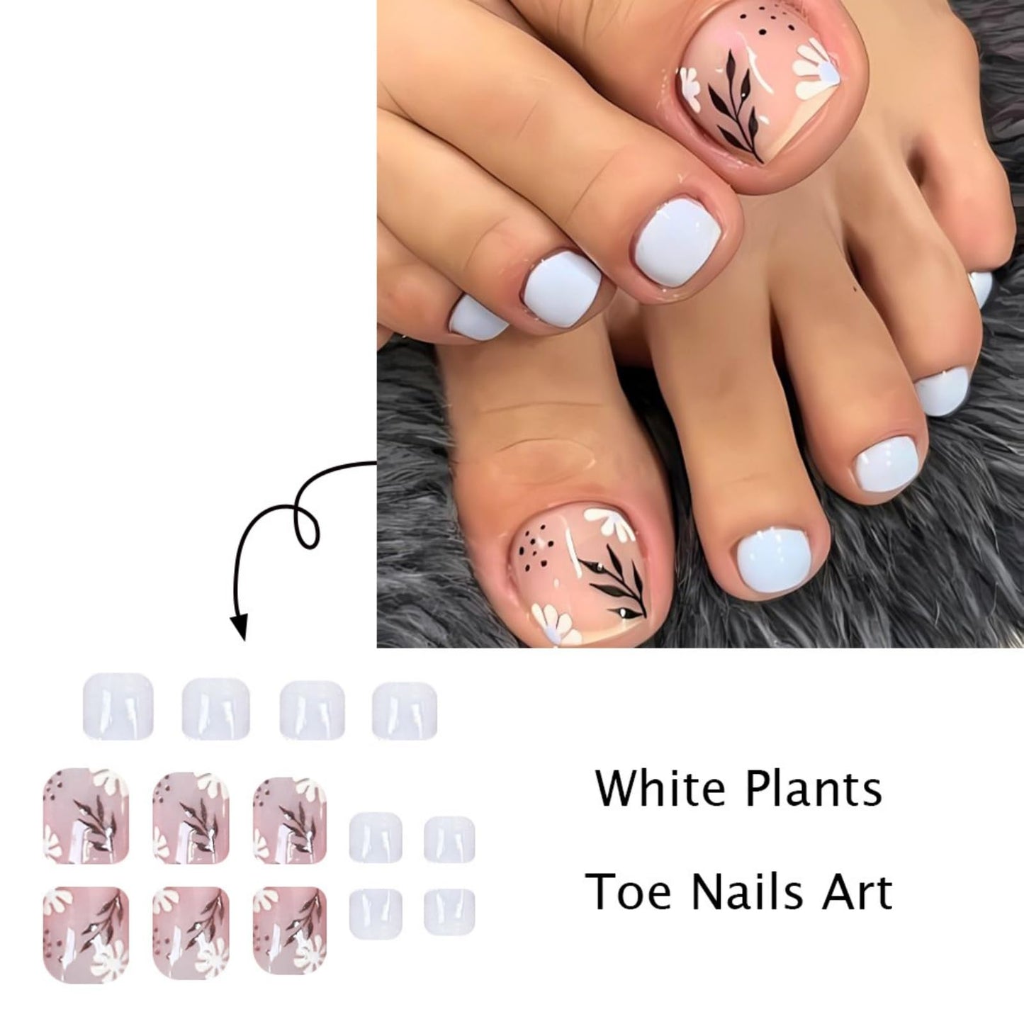 Flower Press on Toenails Short Square Fake Toe Nails Cute False Toenails Glossy Full Cover Acrylic Glue on Toenails Leaf Toe Nails Artificial Stick on Toenails for Women Manicure 24 Pcs