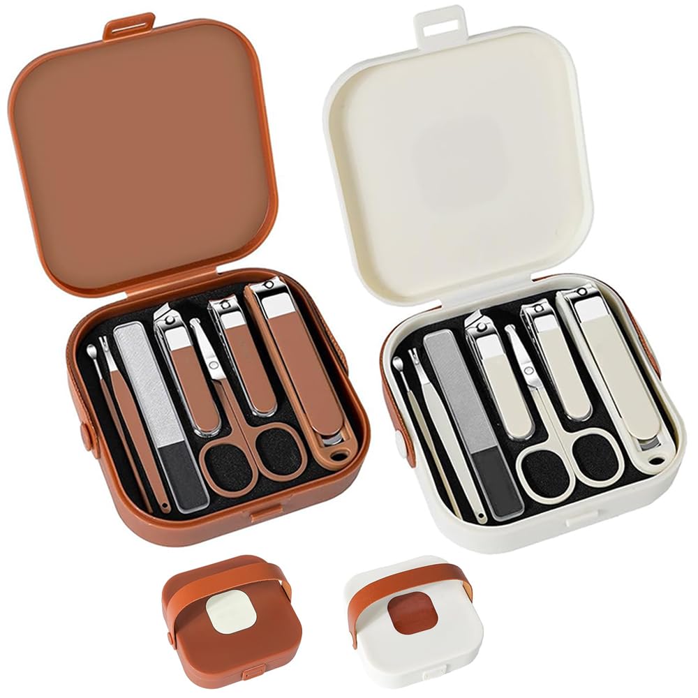 2 Pack Nail Clippers and Beauty Tool Portable Set,Stainless Steel Cuticle Nail Care Grooming Kit for Home, Travel, Salon,Office，1 Box of 7 Pieces（Beige & Brown）