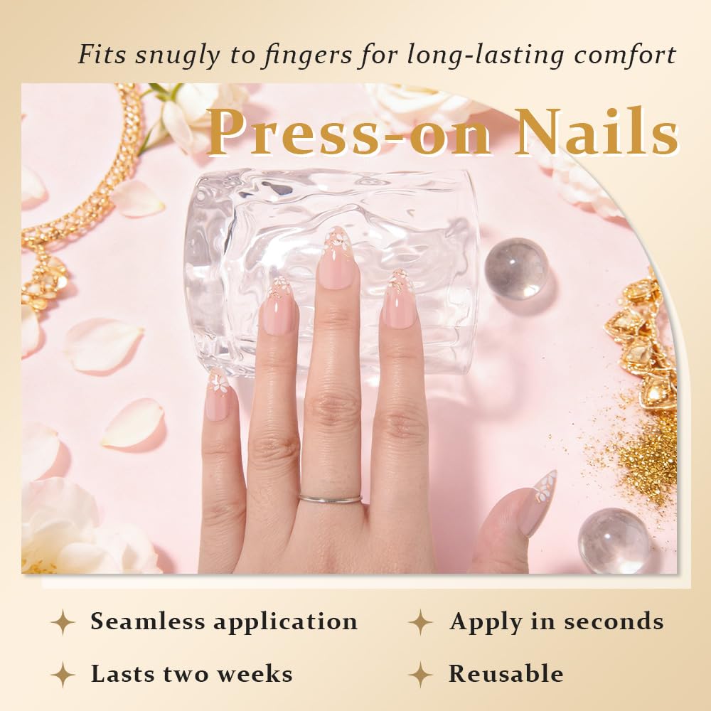 evpct 3D Nude Pink Press on Nails Short Almond No Glue with Gold White Flower Design, Short Almond Stick on Nails for Women Gift with Kit, Reusable Soft Acrylic Press on Fake Nail with Floral Design