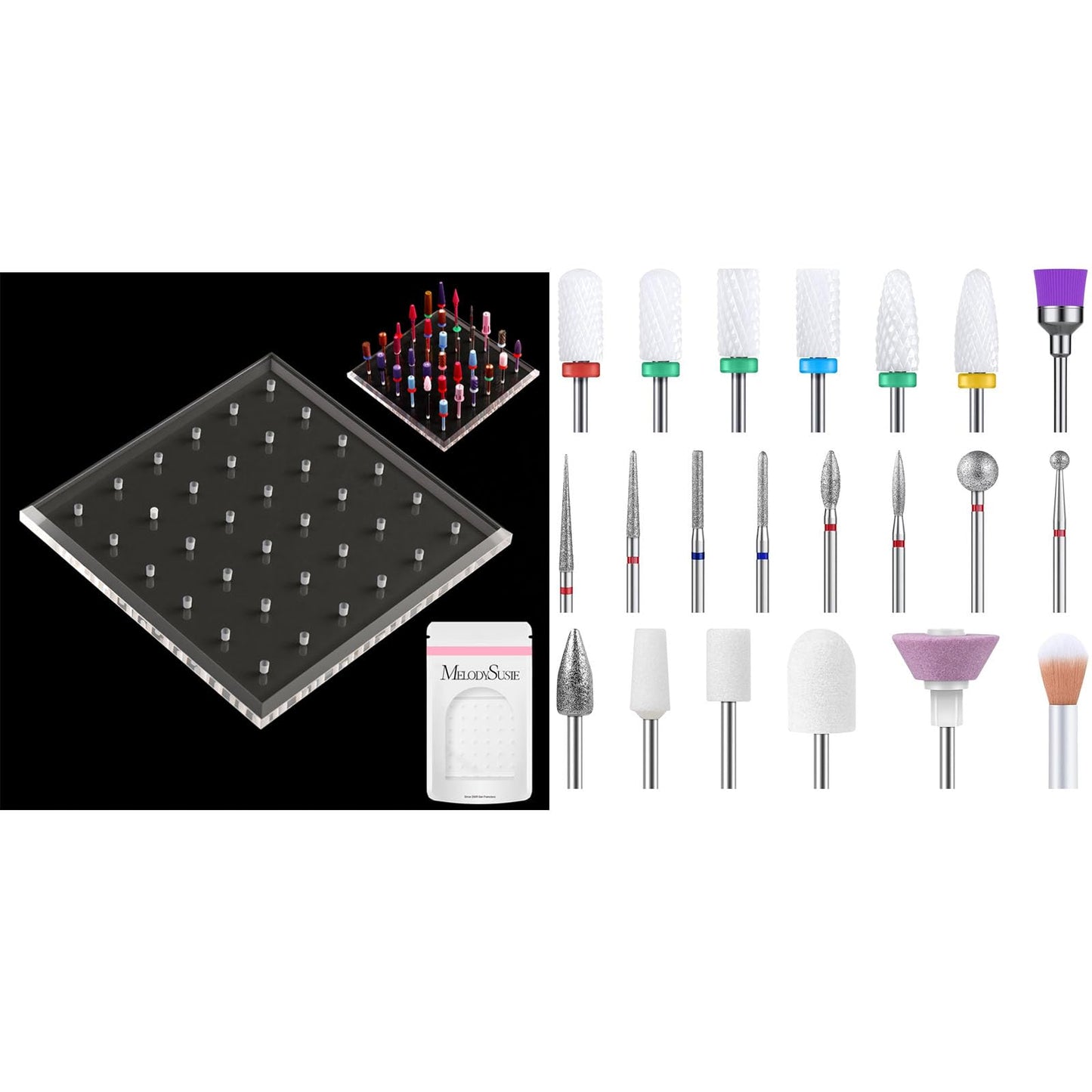 MelodySusie Nail Drill Bits Holder with 36 Holes and 21pcs Nail Drill Bit Set, Professional 3/32'' Ceramic Diamond Carbide Acrylic Gel Nail Art Tool Kit