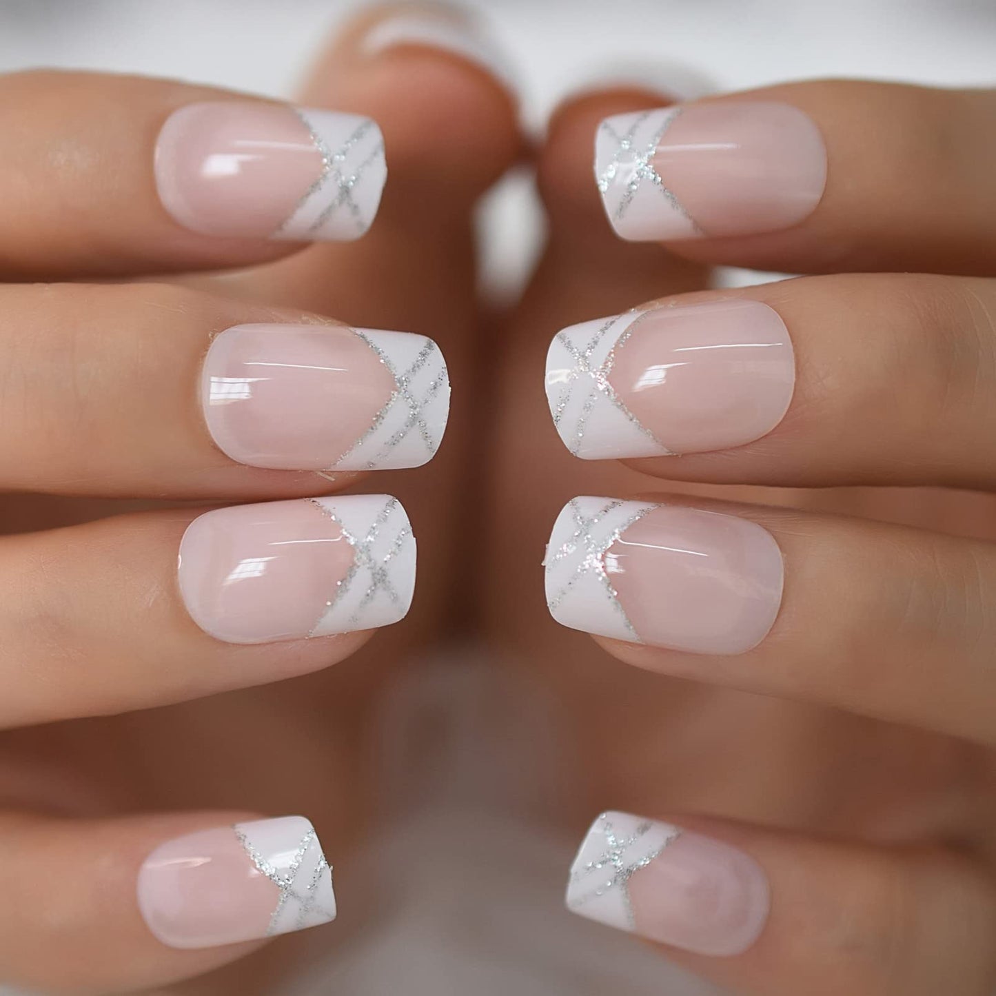 iBeautying Press on Nails - White French Silver Line Semi-Transparent False Nails | UV Gel Finish Medium Short Square Round Shape Reusable Fake Nails - 24 Nail Kit with Jelly Glue Pad