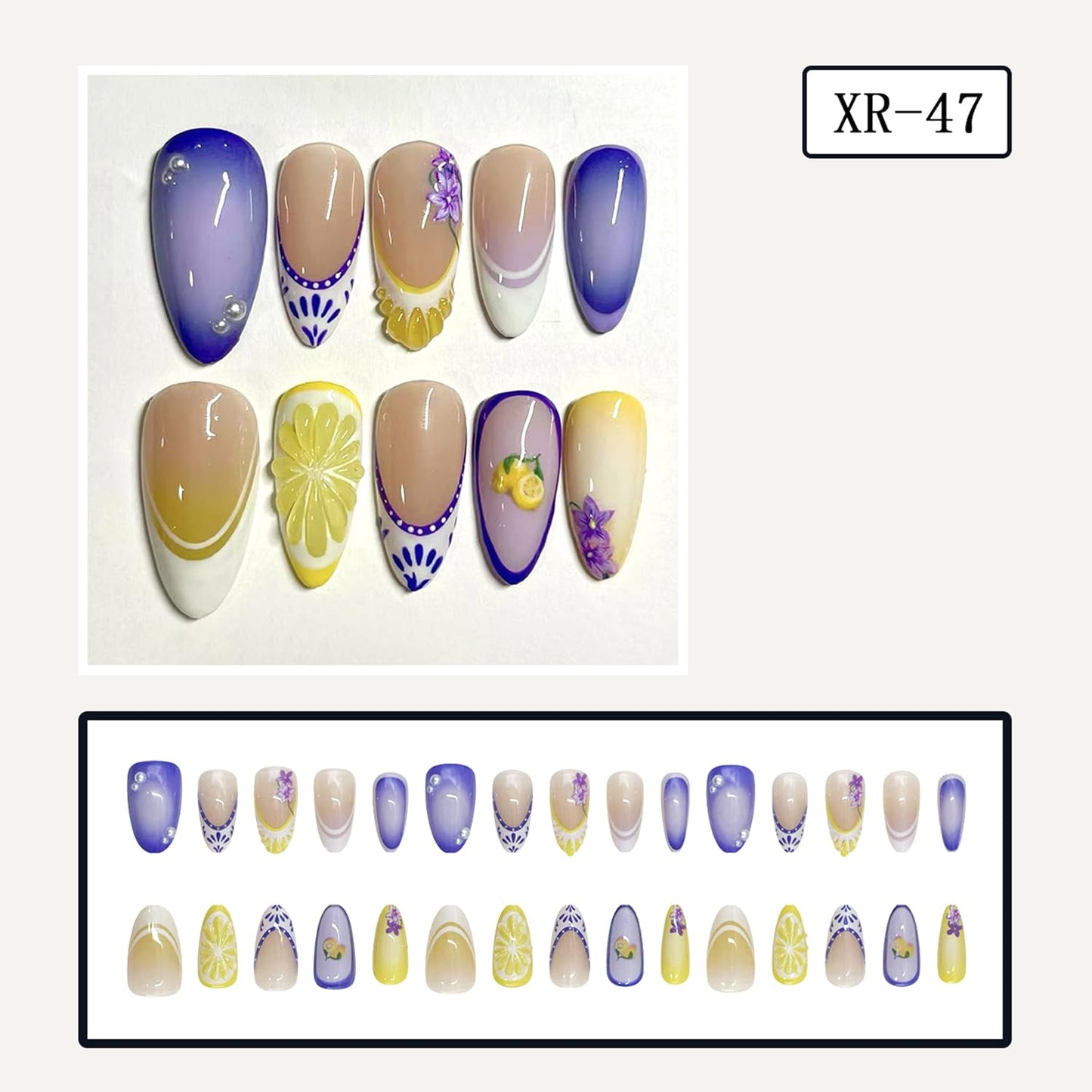 30Pcs Summer Press on Nails Almond Medium Fake Nails with Lemon Flower French Design False Nail Tip 3D Pearl Charms Stick on Nails Full Cover Artificial Glue on Nails for Women DIY Manicure Daily Wear