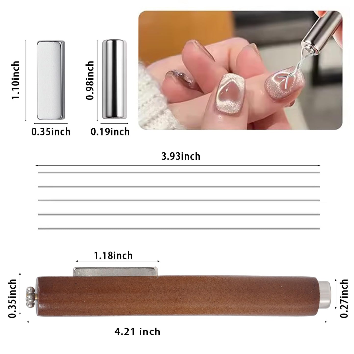 DANNEASY 3 In 1 Nail Magnet with 1 Square Magnet, 1 Cylinder Magnet, 5 Metal Stripes, Cat Eye Magnetic Gel Polish Mahogany Magnet For Heart Flower & Black Hole Nail Art DIY Tools Design