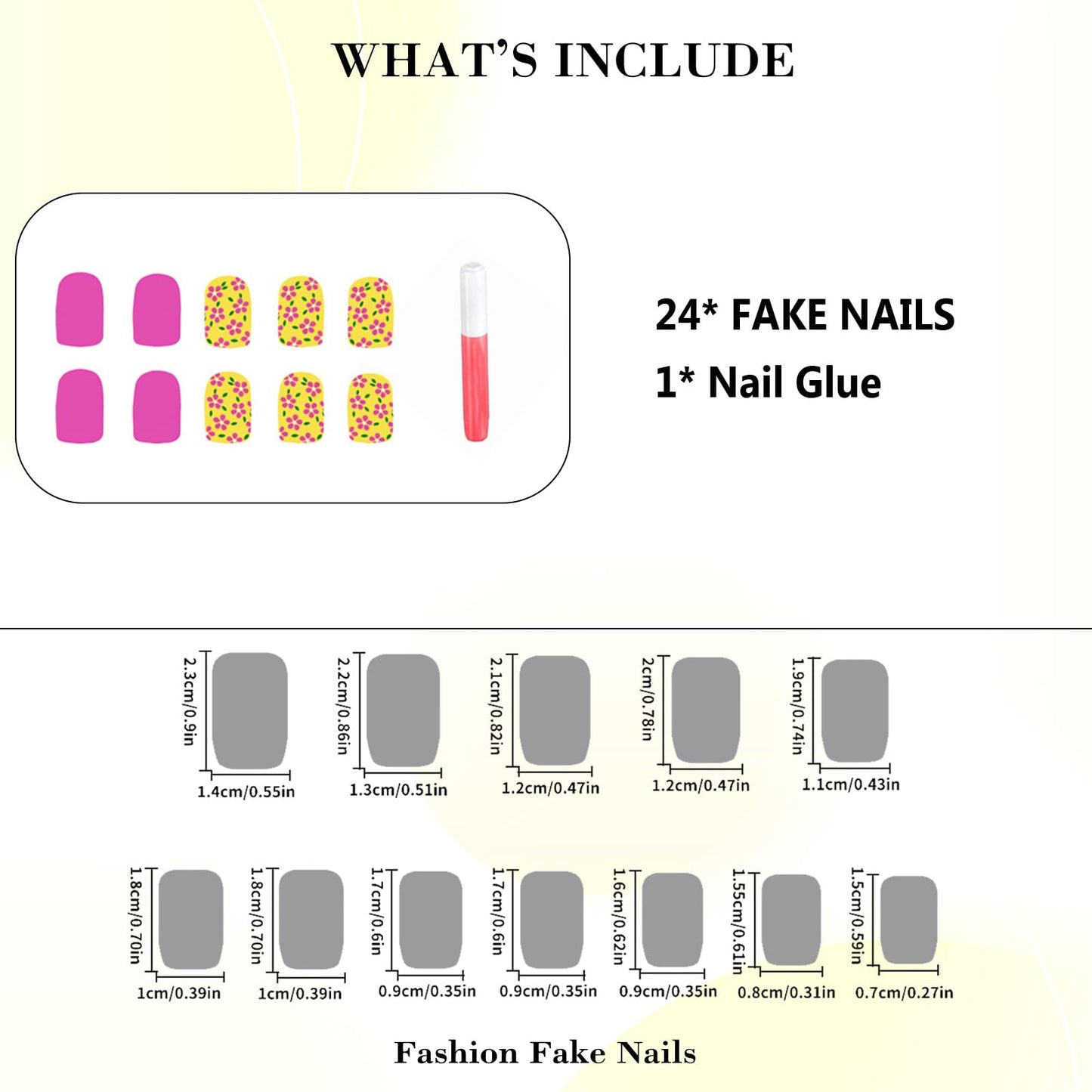 IMRAIN Press on Nails Short Square Fake Nails with Flower Designs Spring Yellow Pink False Nails Cute Floral Full Cover Acrylic Nail Supplies Glossy Glue on Nails for Women Girls 24Pcs