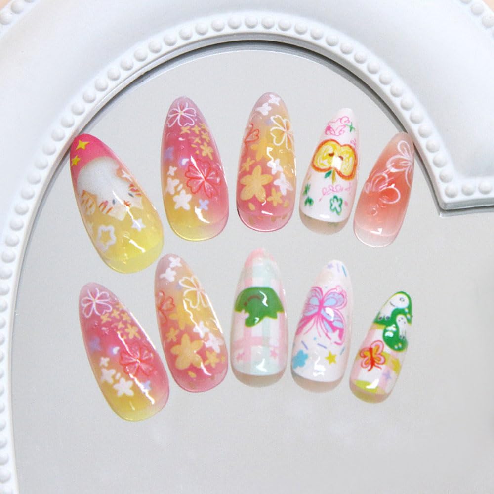 24 Pcs Fall Cartoon Press on Nails Short Almond,MINGCHUN Kawaii Fake Nails Press ons Acrylic Nail Art Tips Kit Full Cover False Nails Glue on Nails with Cute Flowers Design for Women Nail Supplies