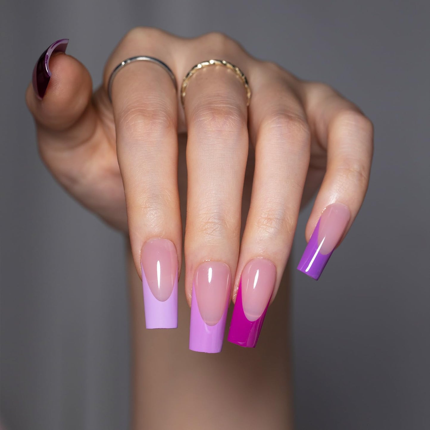 SXC Cosmetics French Tip Press On Nails 150 Pieces in 15 Sizes Ultra Fit with Pre-applied Tip Primer and Base Coat, No Need to File Fake Nails for Nail Art DIY X-Pro Tips (5PURPLE117-M Square)