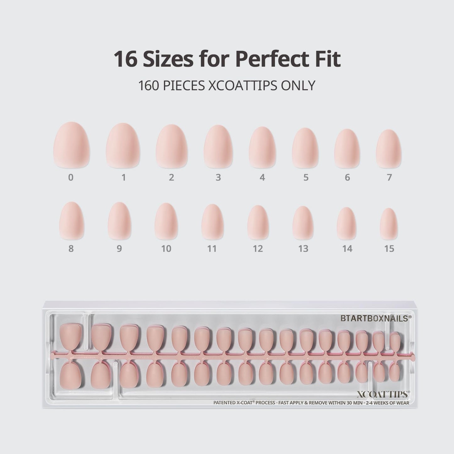BTArtboxnails XCOATTIPS Bare 5-Shades Nude Press on Nails - 4-Week Wear Extra Short Almond Press on Nails, Easy to Apply, Soak Off, Salon Quality Value at Home, 16 Sizes - 160 Fake Nails