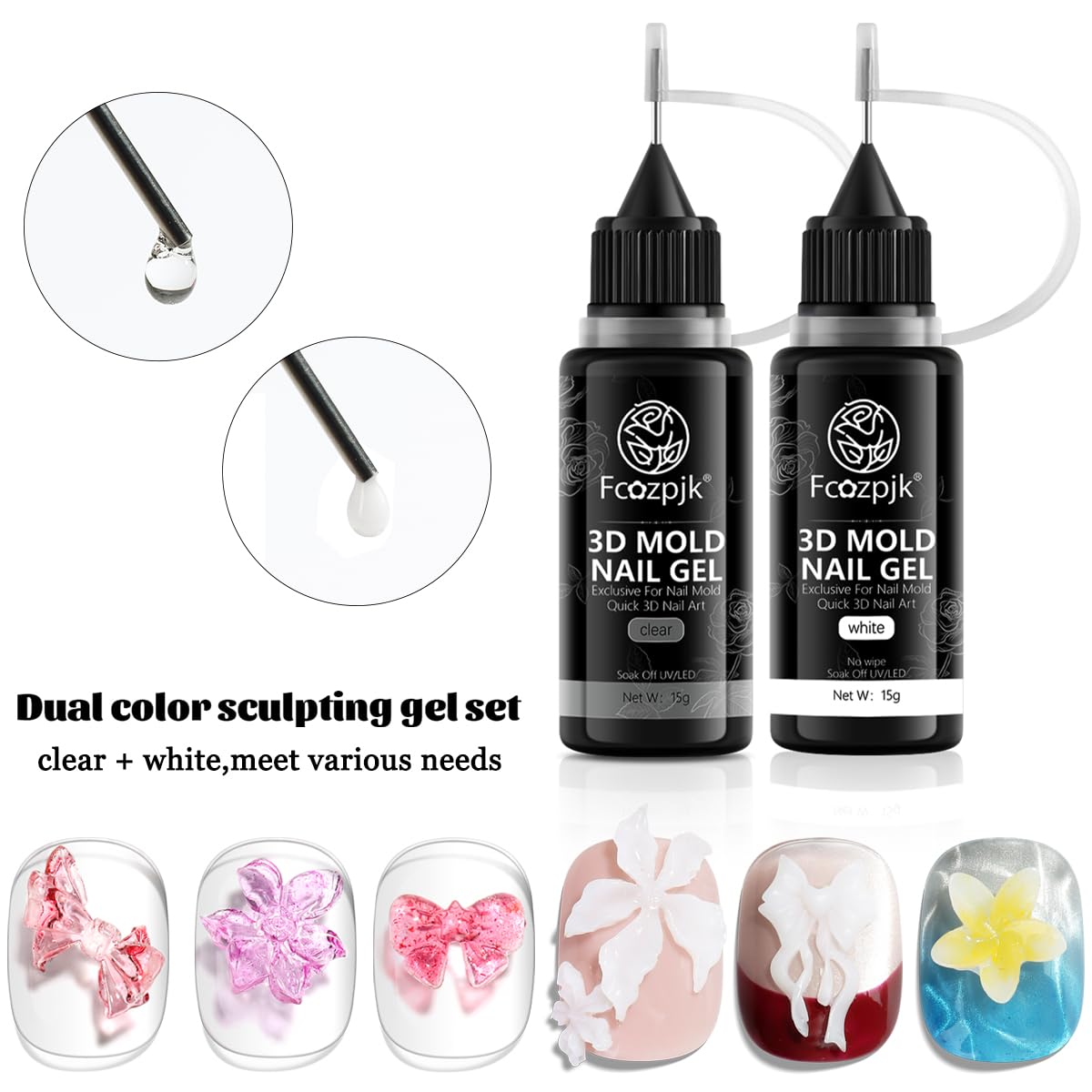 Fcozpjk 3D Gel Nail Art for Nails Starter Kit: 15ML Clear and White 3D Sculpting Gel with 3PCS Silicone Flowers Nail Charm Molds Gold Silver Chrome Powder Ombre Sponges Salon Supplies DIY Manicure