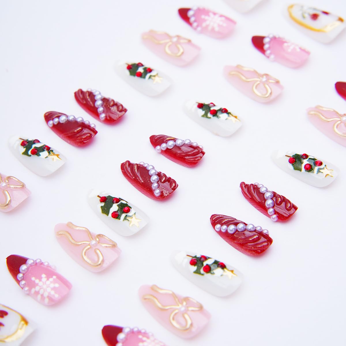 30Pcs Christmas Press on Nail Red French Tip Almond Fake Nail with 3D Pearl Designs Snowflake Full Cover Stick on Nails Flower Gold Bow Xmas False Nail Winter Medium Glue on Nails for Women