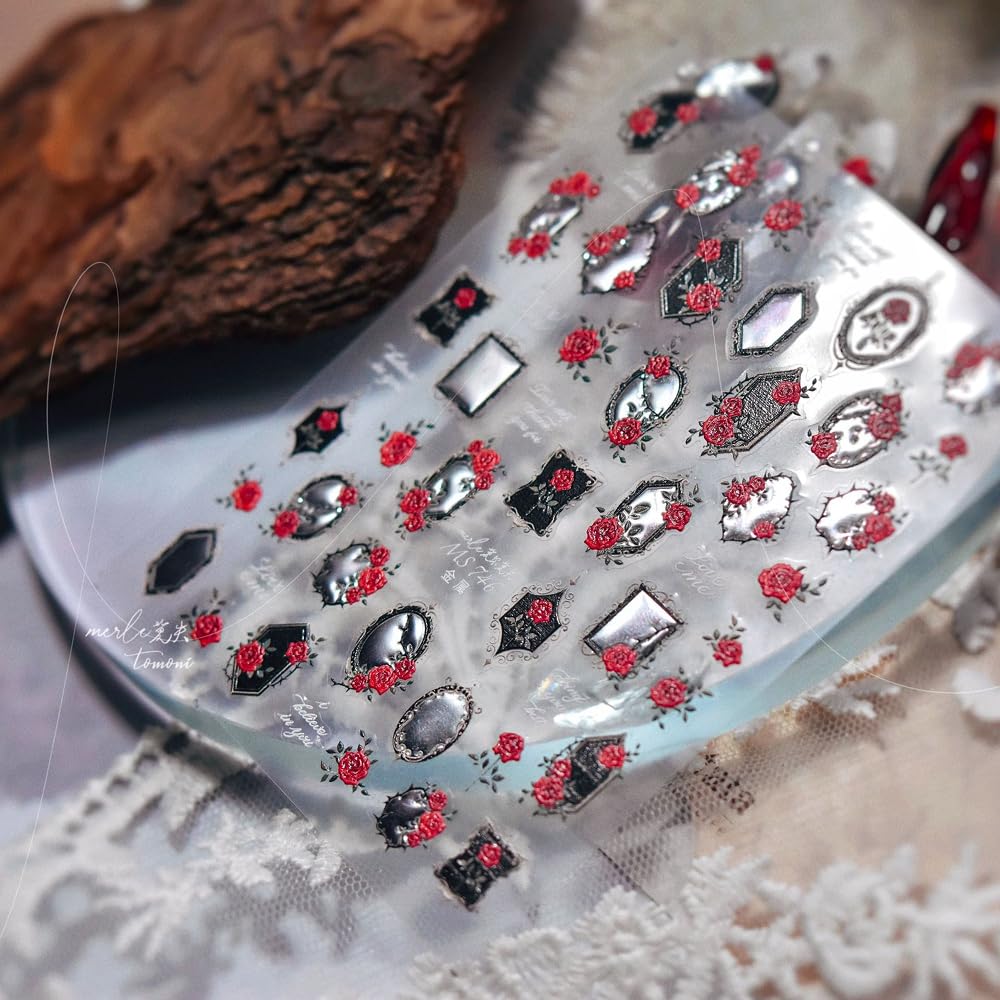 Black Mirror Nail Stickers 5D Embossed – Premium Salon-Quality Nail Charm Accessories, Easy Application & Self-Adhesive for DIY Manicure, Gothic Red Rose Metal Nail Art, Press on, Home or Salon Use