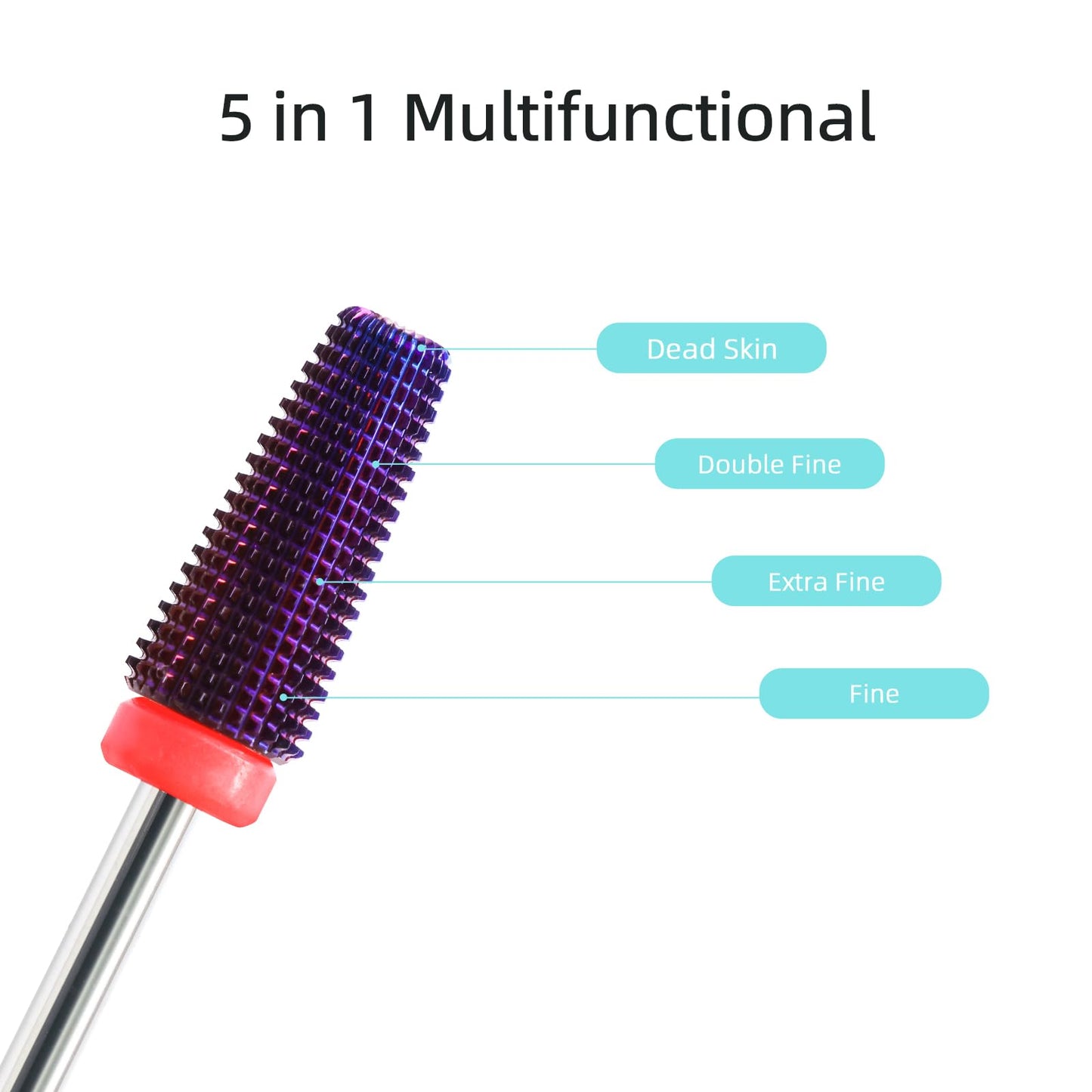 HYTOOS Purple 5 in 1 Nail Drill Bit, 15mm Tapered Drill Bits for Nails, 3/32" Professional Straight Cut Two-way Carbide Nail Bits, Electric Manicure Gel Polish Acrylic Powder Removal Tool, Fine