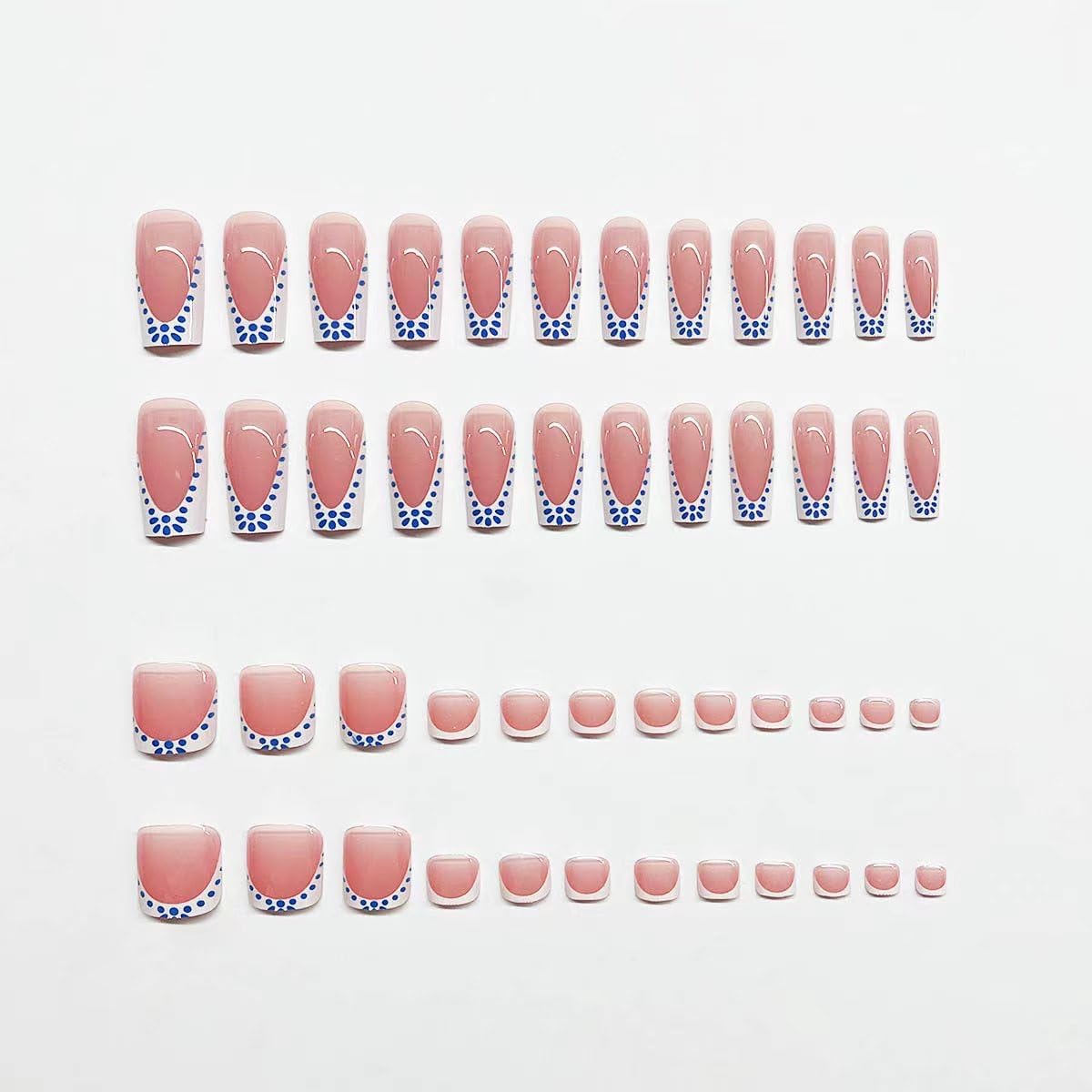 CTTHNBD Medium Press on Nails Square & Press on Toenails Set, White French Tip with Blue Spot Design - for Women 48 Pcs