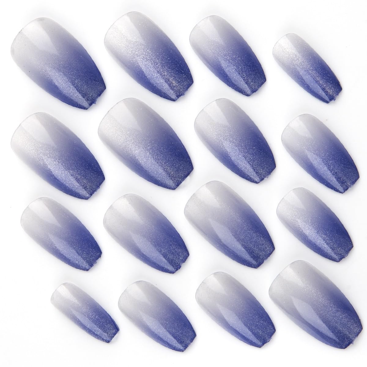 Coffin Press on Nails Medium - Blue Fake Nails with Ombre Glitter Deisgn - Gloosy Full Cover Stick on False Nails - for Women 24 Pcs