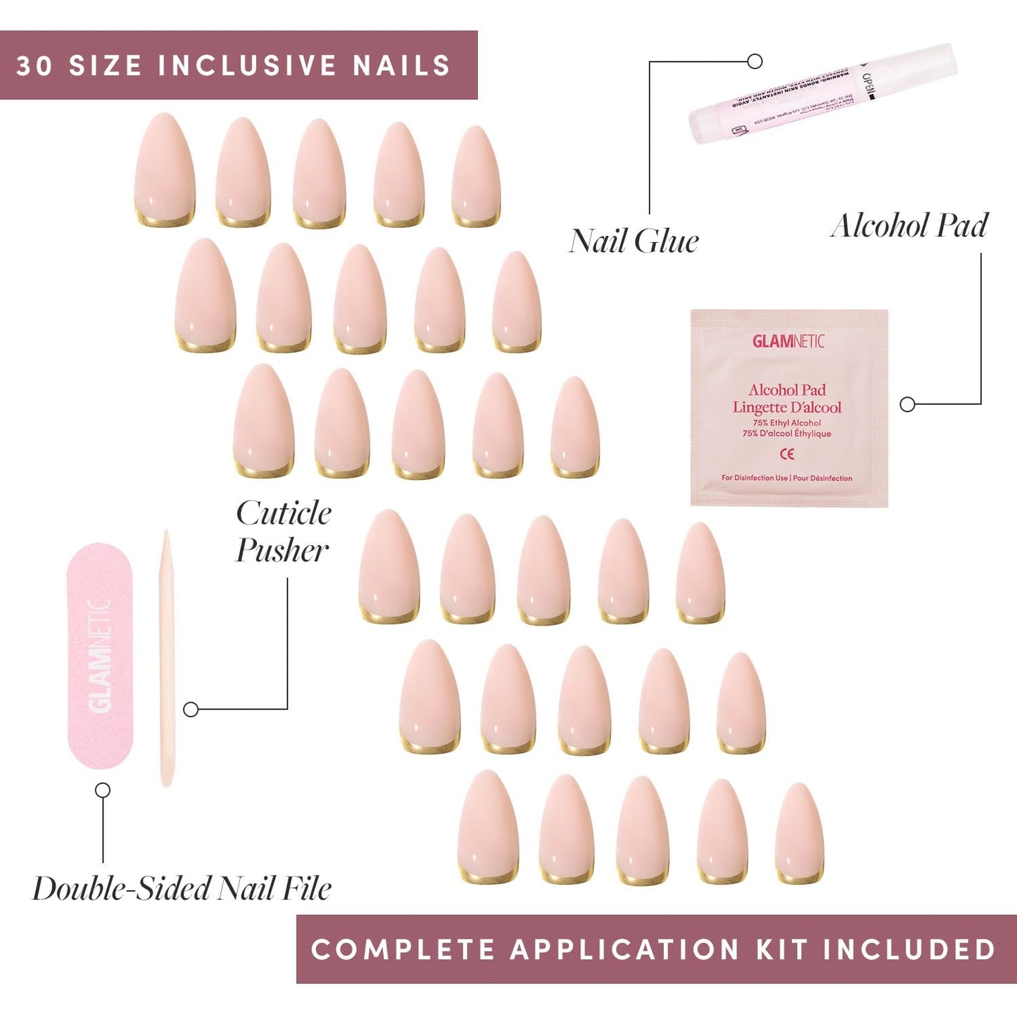 Glamnetic Press-On Nails Bundle - Goal Getter & Goal Digger | Medium Almond Fake Nails and Neutral Gold Reverse French Tip | Glossy, Semi-Transparent, Short Round False Nails with Gold Foil | Reusable