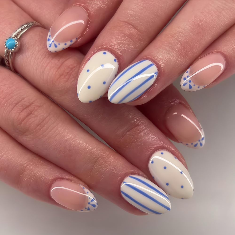 AWDSLUY 24Pcs Blue White French Tip Press on Nails Short Almond Fake Nails with Polka Dot Stripe Design Nude Glossy False Nails Elegant Full Cover Stick on Nails Tips for Women Summer Manicure