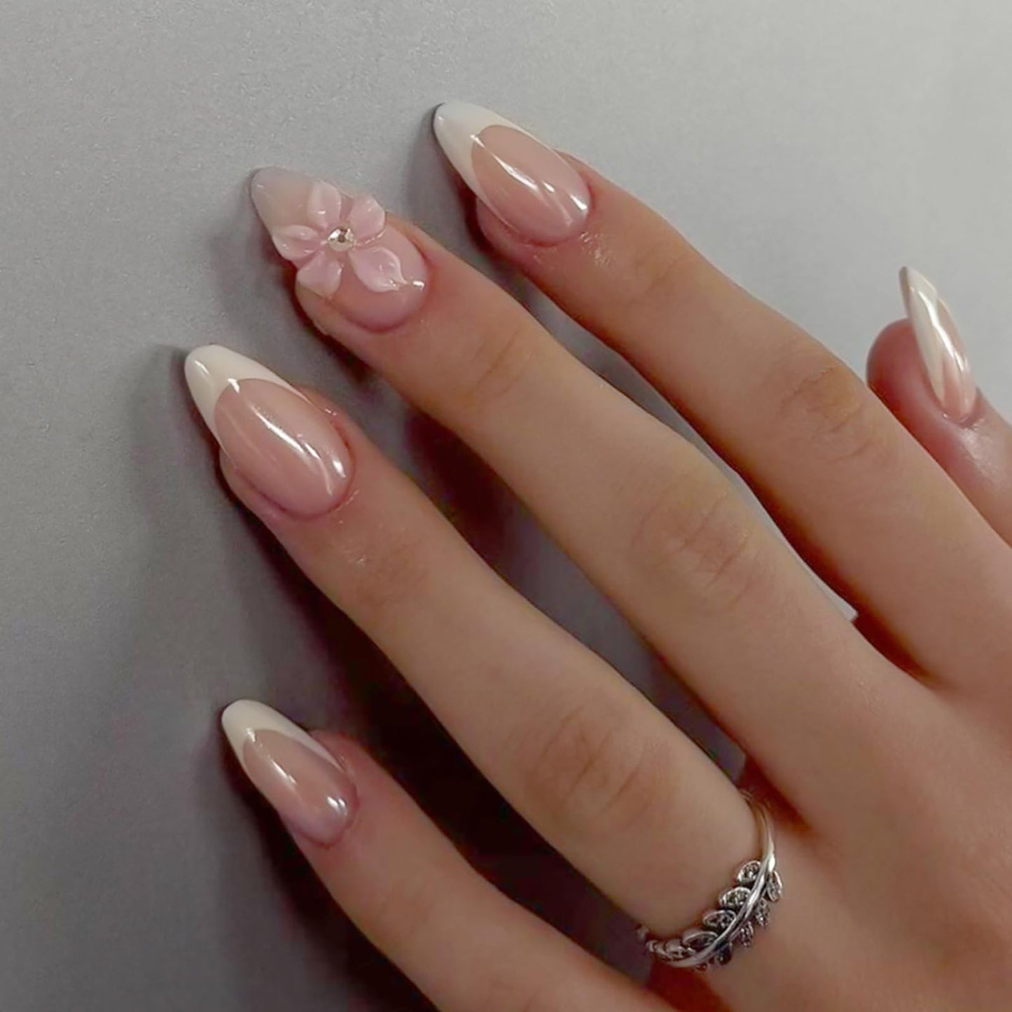 Short Almond Press on Nails With Designs French Tip Pink Flower Fake Nails Press ons Acrylic Nails False Artificial Full Cover Stick on Nails for Women Girls 24 Pcs
