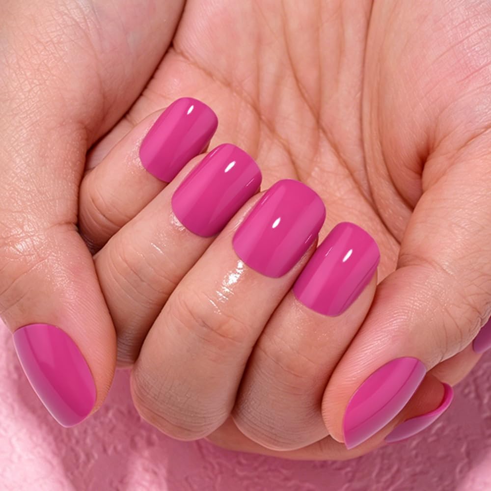 evpct Hot Pink Glossy Squoval Short Press on Nails for Women, Hot Pink Extra Short Squoval No Glue Stick on Nails with Kit, Reusable Full Cover Soft Press on Fake Nail Salon-quality Perfectly Fit