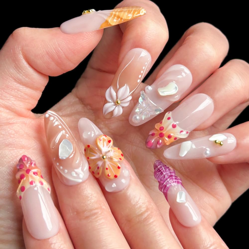 MAGLFELL Handmade Acrylic Press On Nails, 3D French Long Almond False Nails for Women, Reusable ABS Material Fake Nails, 10 Pcs Almond Stick On Nails, DIY Fingernails Art At Home (Size M)