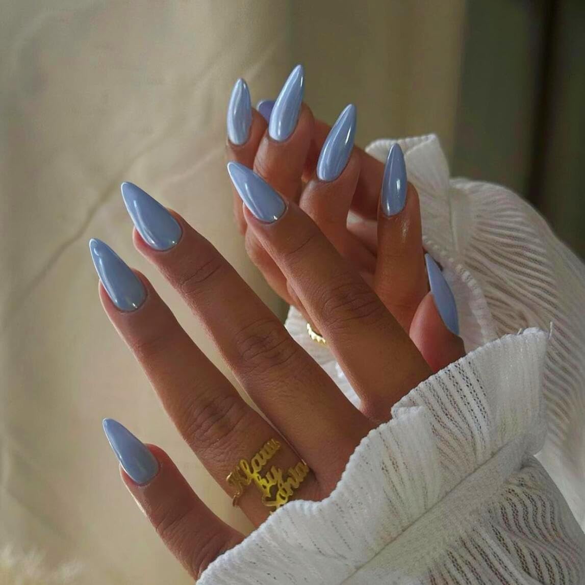 Light Blue Chrome Press on Nails Medium Almond, KQueenest Mirror Aurora Stiletto Fake Acrylic Nails with Bling Design, Reusable Glue on Nails for Daily Party Wear, False Nails Press ons in 24 PCS