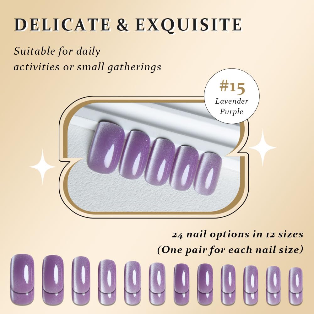 XZMeiLun Cat Eye Lavender Purple Press On Nails Medium Long Length Square, Designer Reusable Acrylic Fake Nail, Glossy Gel Nails Wedding Party, Stick On Glue On Nail, Nails Press Ons for Women