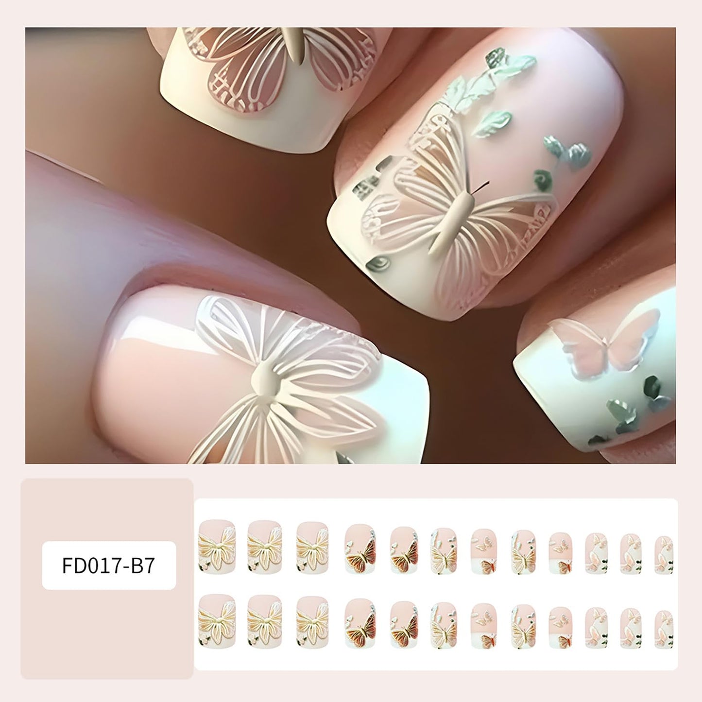 FIEONCIY Modern Glossy Full Cover Square French False Nails with Designs Artificial Short Square Fake Nails with Charms Glue Stick ons Fingernails for Women Girls (FD017) - 24 pcs
