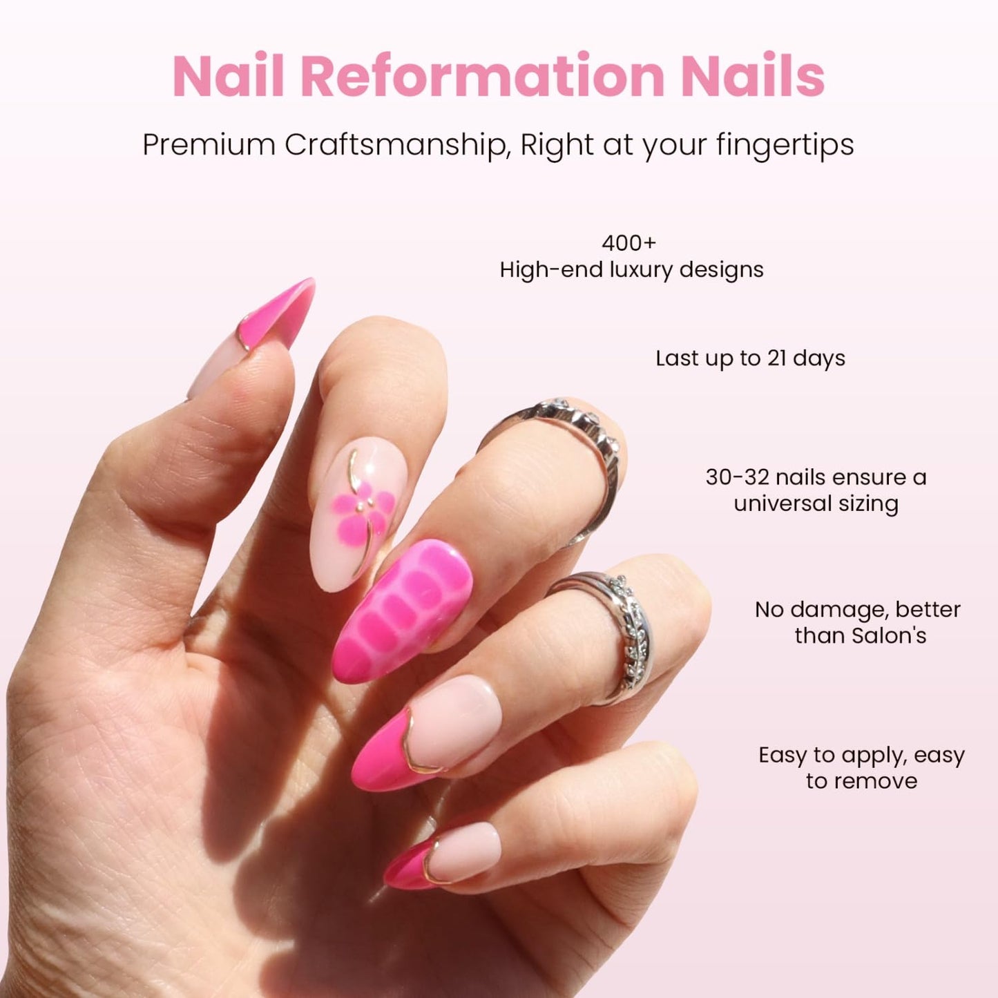 Nail Reformation Press On Nails, Peony Pop | 3D Floral Medium Almond Fake Nails with Pink French Tips on Nude Base in Glossy Finish, Reusable Stick On Nails in 15 Sizes - 30 Nail Kit for Women Gifts