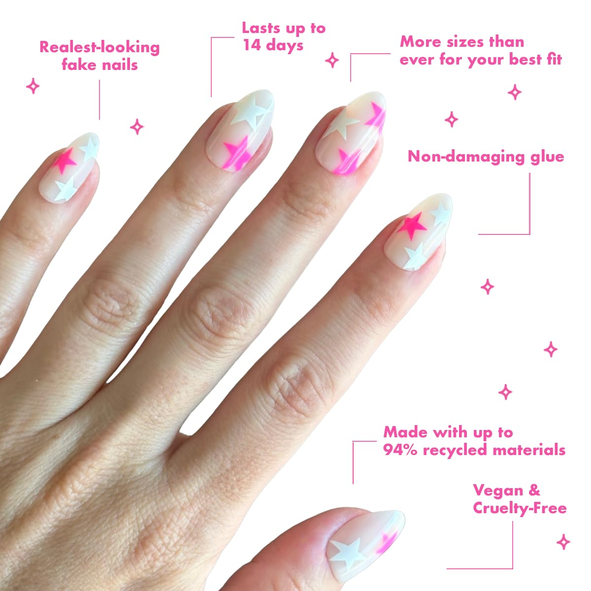 Olive & June Maximalist Instant Mani Press-On Nails (Glue) | 42 Fake Nails, 21 Sizes | Non-Toxic, Long-Lasting Big, Bold Gorgeous Realistic Look | Salon-Quality | Medium, Almond | Neon Star Mixed Pack