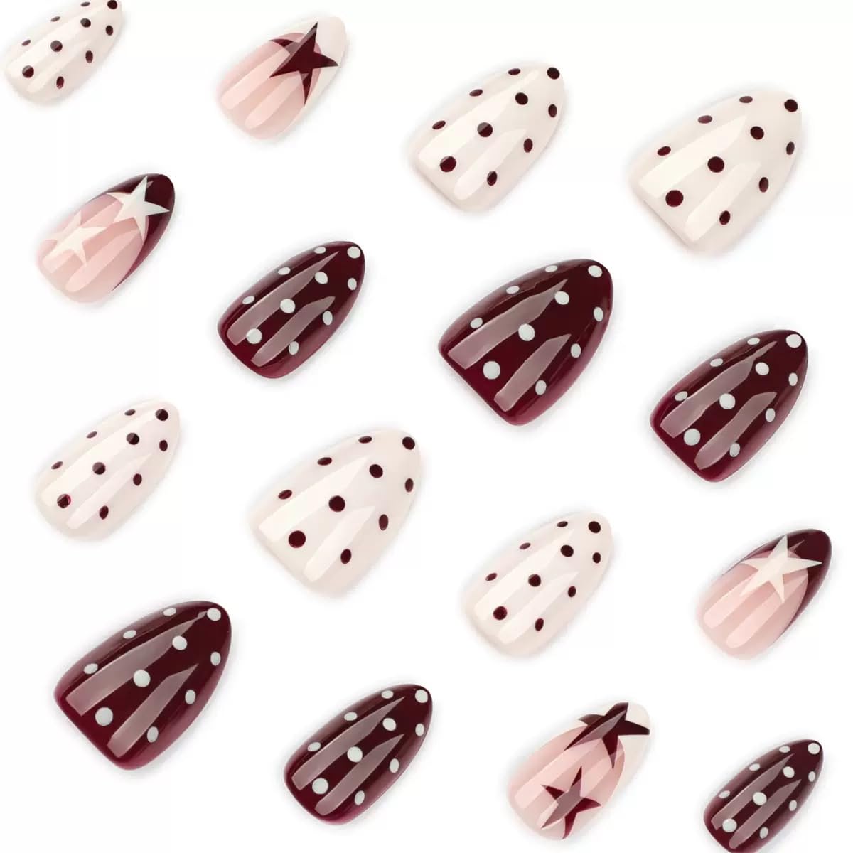CTTHNBD Press on Nails Almond - Short Fake Nails with Polka Dot Star Design - Wine Red, French Tip False Nails for Women - 24 Pcs