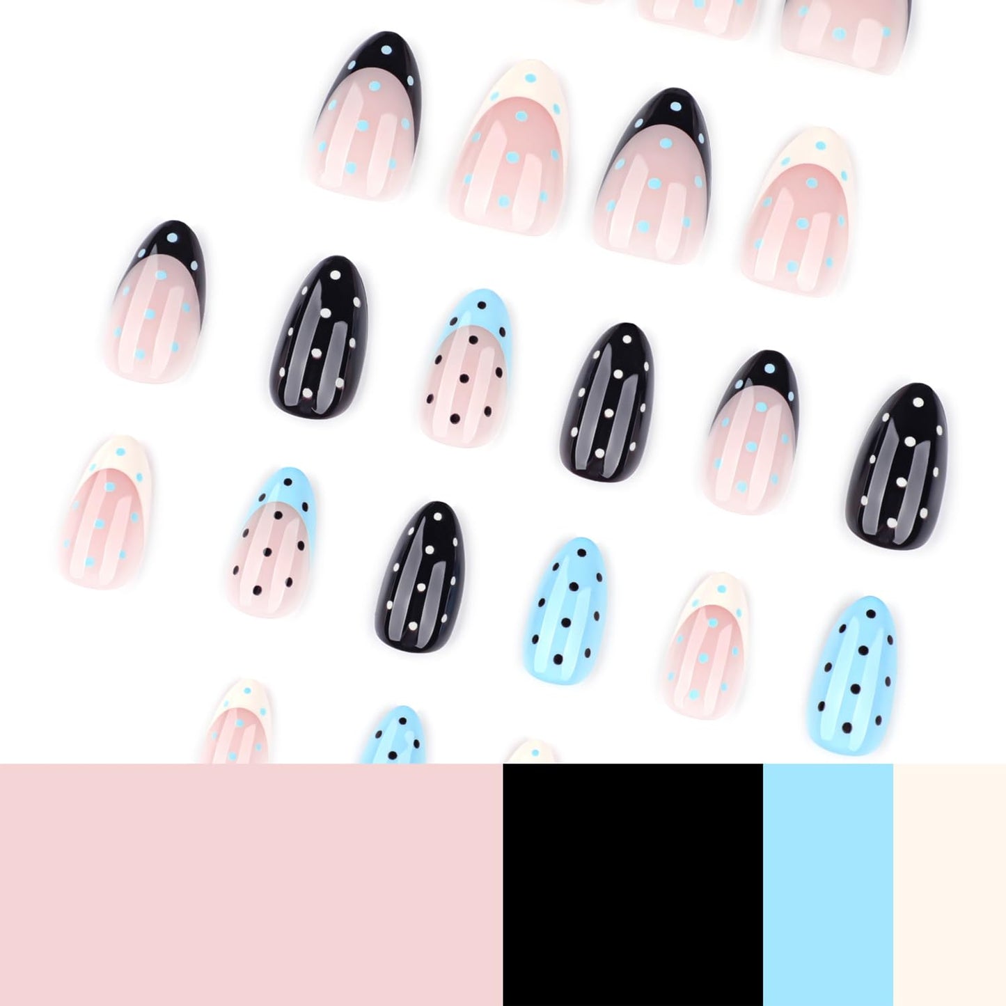 24PCS Soft Gel Press On Nails Almond Polka Dot Nude Blue Black Glossy, Reusable Glue On Fake Nails Acrylic Look False Nails for Women