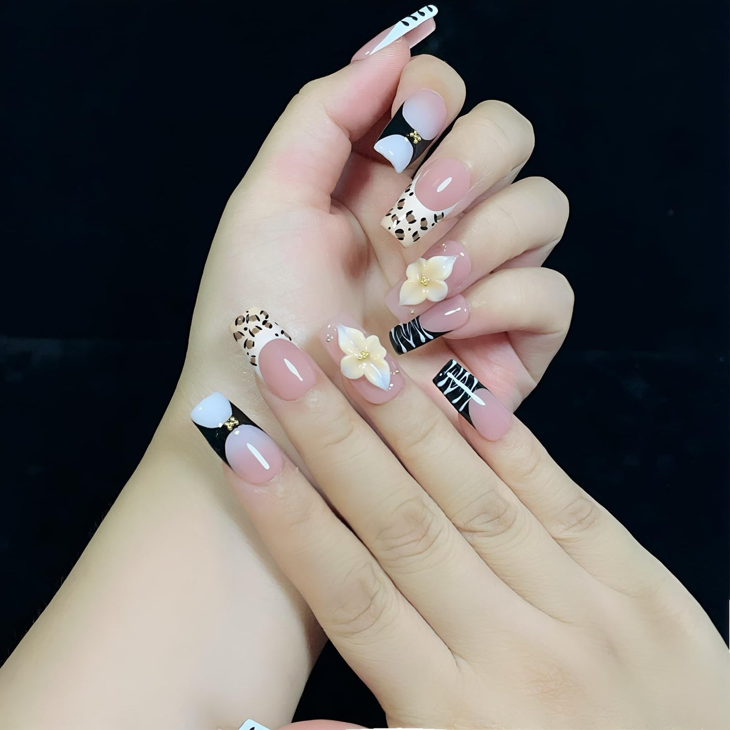 Handmade Press On Nails 3D Floral & Animal Print Medium/Short Square Leopard/Zebra/Yellow Floral Thick Reusable Acrylic False Nails (Prairie, M)