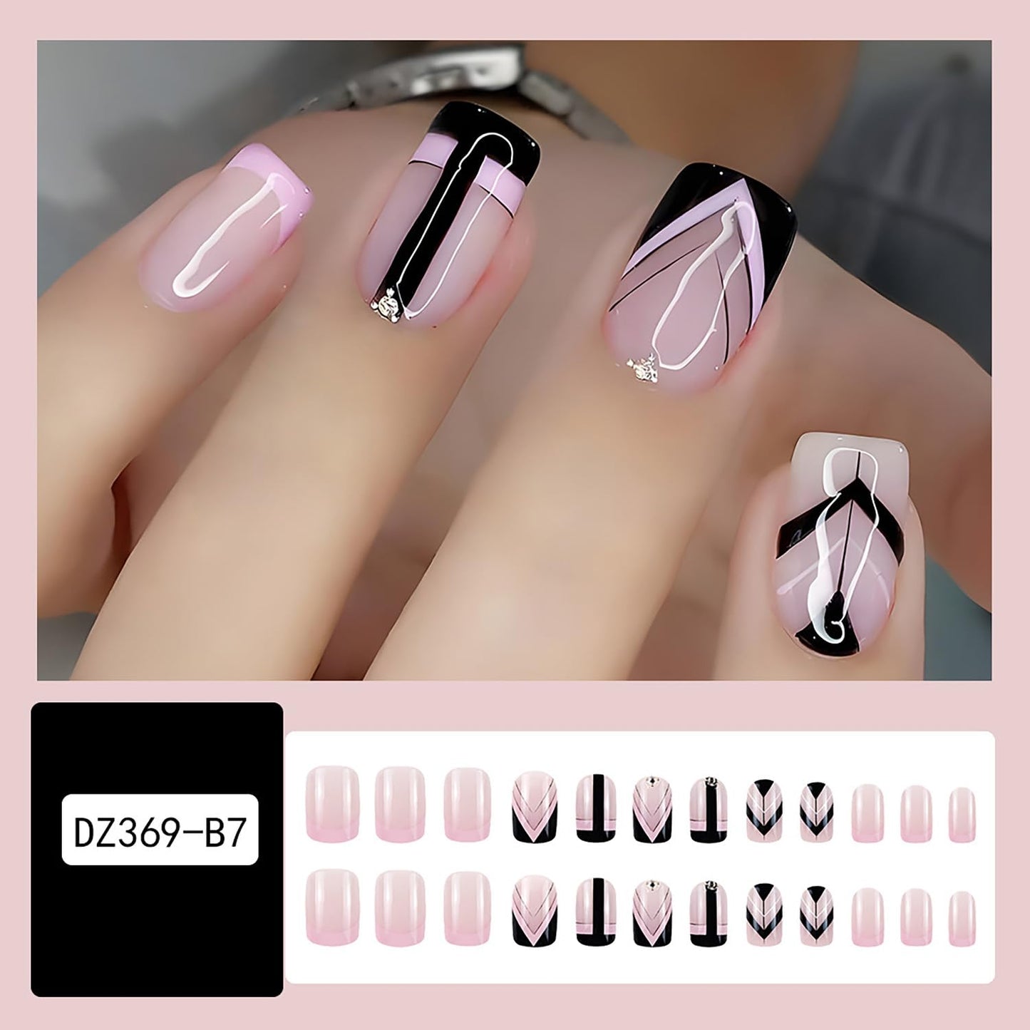 Vezocim Pink Press on Nails Square Shapes 24Pcs French Tips Glossy Full Cover Medium Acrylic Square False Nails with Designs Artificial Coffin Fake Nails Glue ons Fingernails with Charm for Women