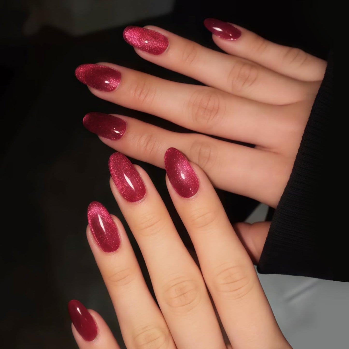 GLAMERMAID Magnet Cat Eyes Dark Red Press on Nails Short Almond, Handmade Jelly Gel Fake Nail Set, Ombre Glitter Magnetic Glue on Nail Stiletto, Scarlet Medium Oval Stick on False Nail Set for Women
