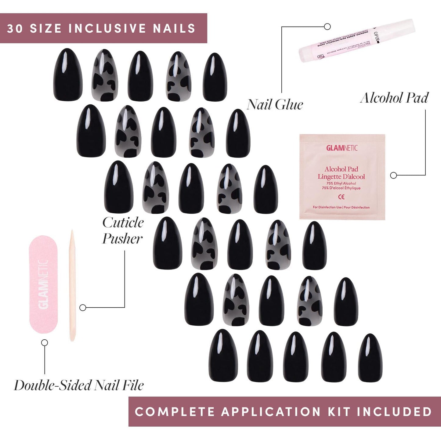 Glamnetic Press-On Nails Bundle - Love Me Not, Fiery Red & Fairy Dust |Almond Fake Nails with Black Heart Accents | Bright Red Almond False Nails | Short Oval Beige-Pink Nails with a Meta