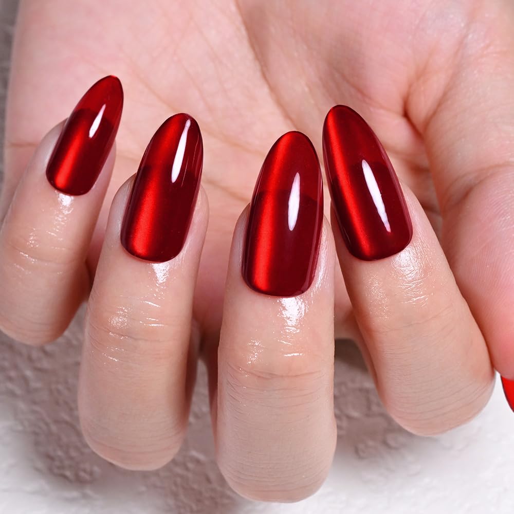 XZMeiLun Cat Eye Red Press On Nails Almond Medium Length, Magnetic Acrylic Fake Nails Stylish Design, Salon-Quality Shiny Finish, Reusable Stick On Nails Kit for Women, Daily Wear (No Glue Included)