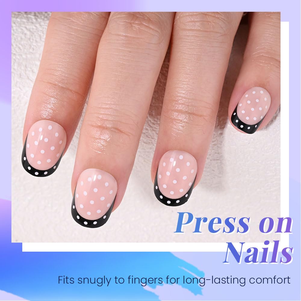 XZMeiLun Glossy Black Polka Dot French Tips Press On Nails Short Round – Salon-Quality Acrylic Fake Nails, Reusable Stick-Ons, Cute Mini DIY Kit | Spring Summer Nail & Girlss for Women & Daily/Party