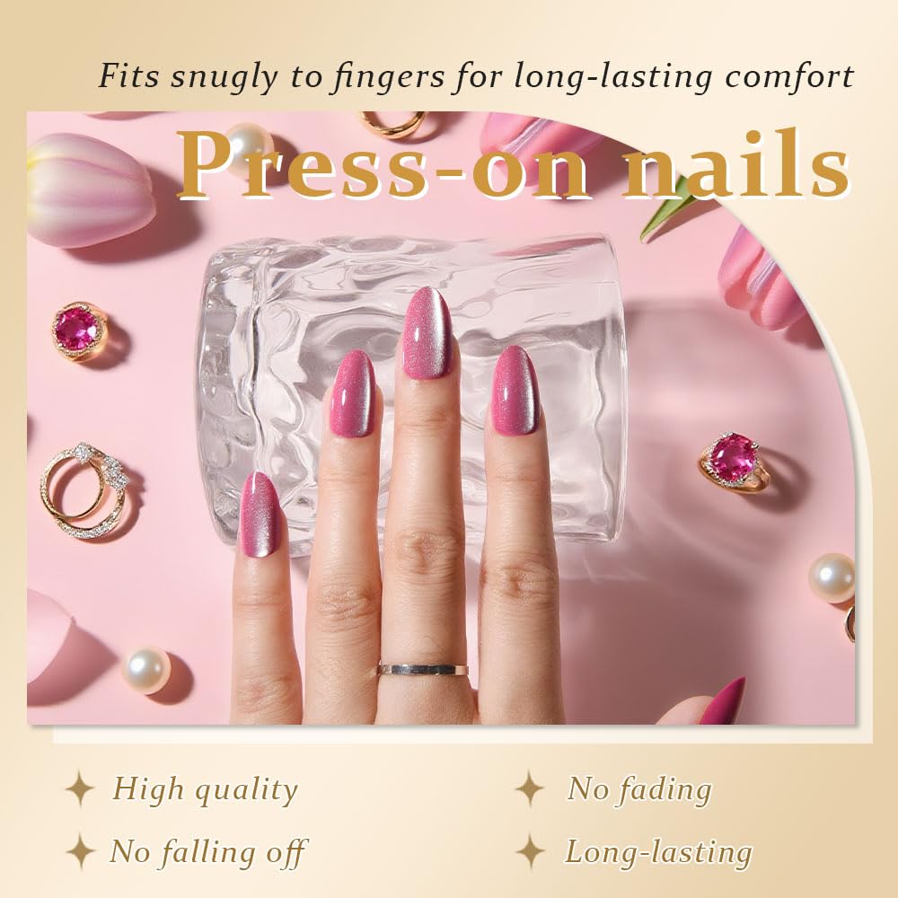 evpct Rose Red Cat Eye Real Short Press on Nails Almond, Petite Short Almond Stick on Nails for Women Gift, Rose Red Holographic Glossy Fake Nail Reusable, Soft Press on Acrylic Nail with Designs