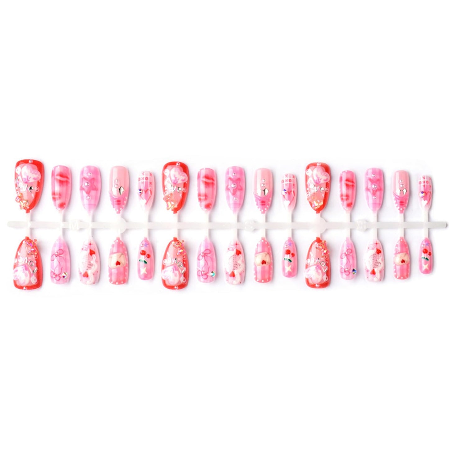 30Pcs Pink Valentine's Press on Nails Almond Nail Art,Beautiful Fake Nails Set French Pointed Nails Cute Bear Sexy Red Lips Rose Pearl Pressed Nails,Love Fully Covered Romantic Nail Decor DIY Manicure