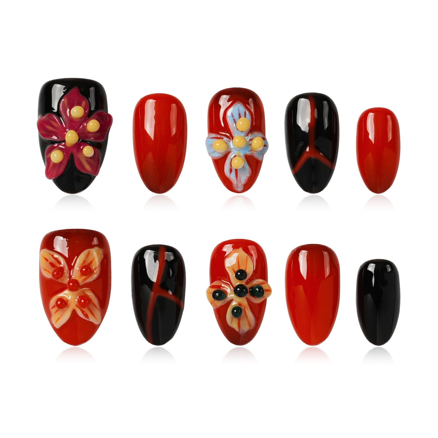 Tesytto Press on Nails 3D Floral, 10Pcs Handmade Short Almond Fake Nails Red & Black, 3D Carved Flowers Design Reusable Stick on Nail Tips for Women, Salon Quality (Crimson Flame Shadow,M)